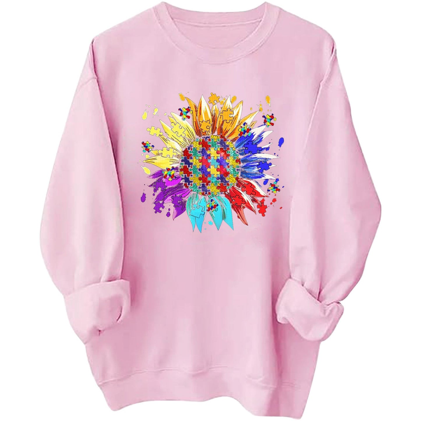 Damen Sweatshirt Puzzle-Blumenmotiv Bequem Norvielle