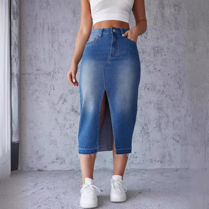 Damen Maxi Denimrock Seiten-Schlitz moderne Fransen Blau - Norvielle