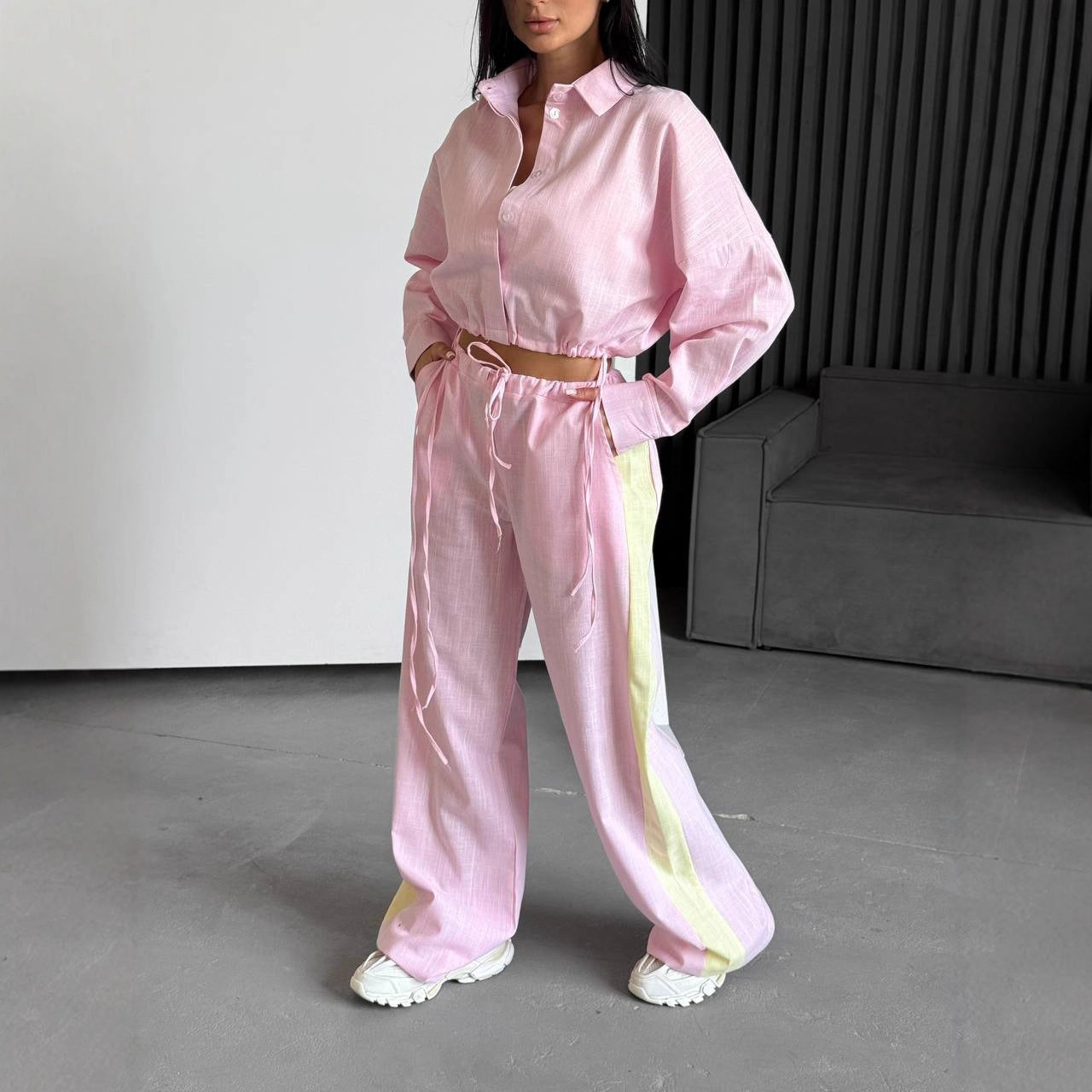 Damen Zweiteiler-Set Cropped Hemd Weite Hose Norvielle