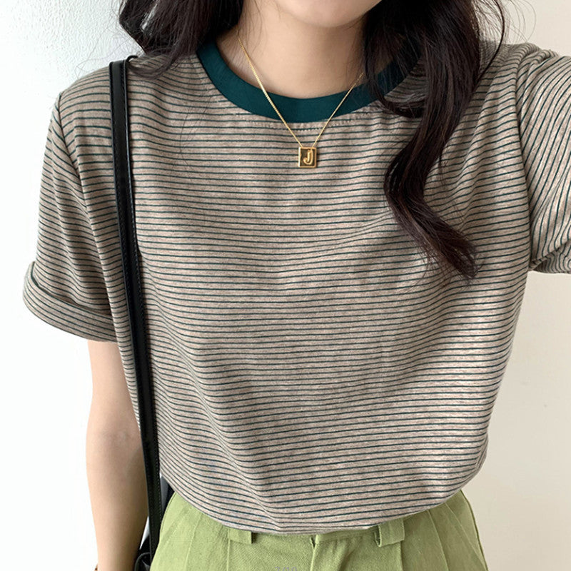 Damen T-Shirt Streifen Rundhals Bequem - Norvielle