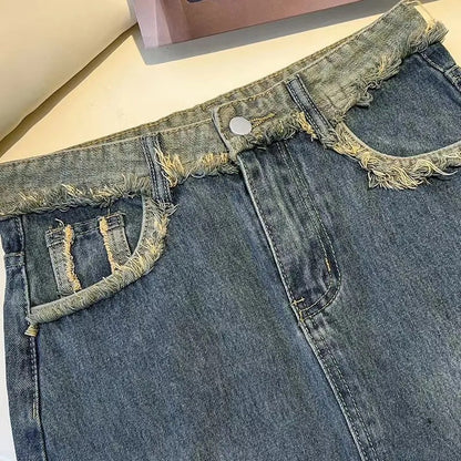 Damen Denim-Midi-Rock mit Frontschlitz