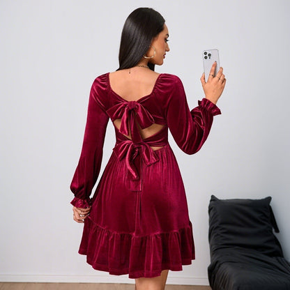 Damen Samt Minikleid mit Volant und Puffärmeln Norvielle