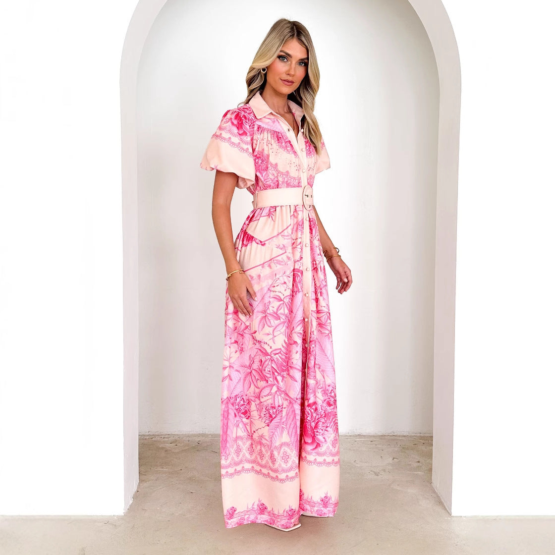 Damen Maxikleid Floralmuster Taillengürtel