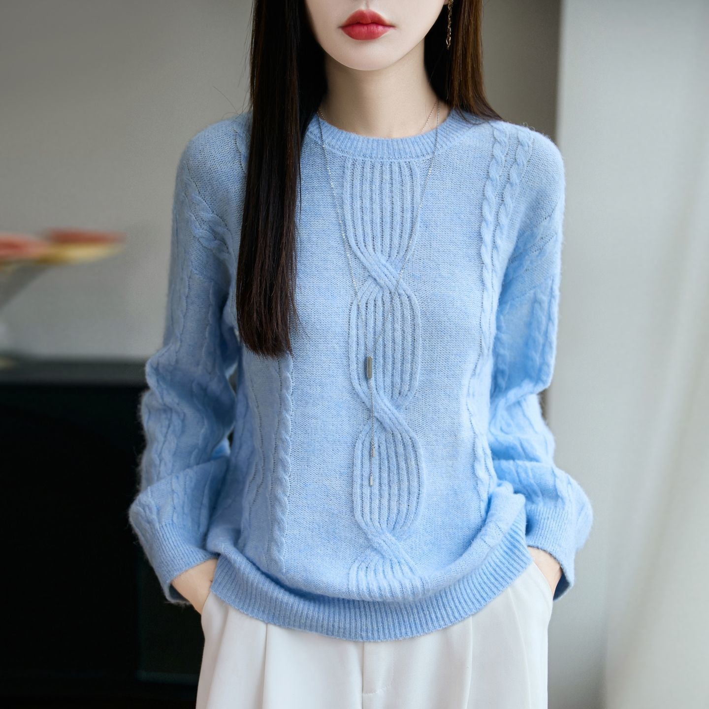 Damen Strickpullover Rundhals Zopfmuster Norvielle