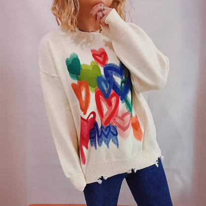 Damen Pullover Bunt Herzdesign Kaschmir