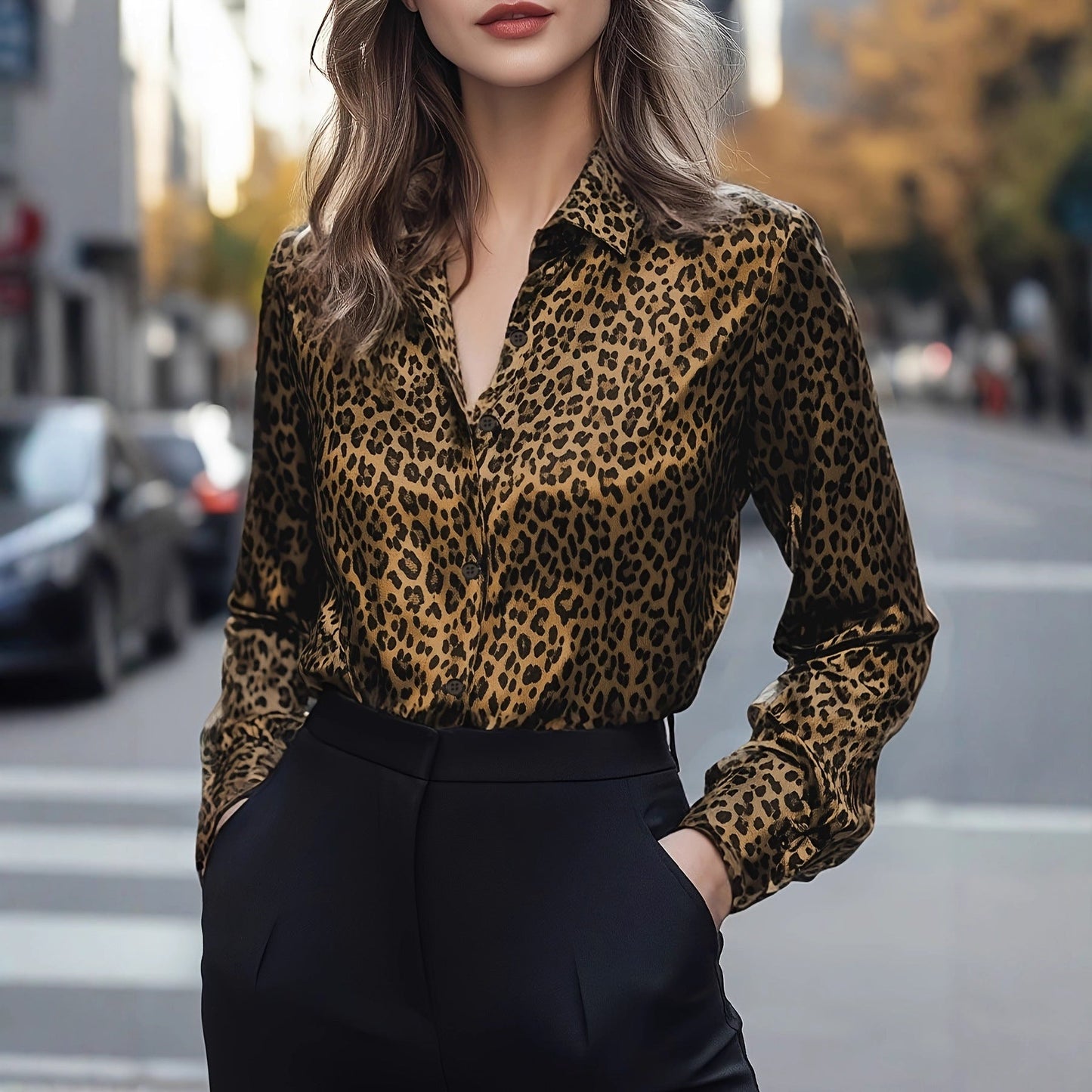Damen Satinbluse Leo-Muster Schlank