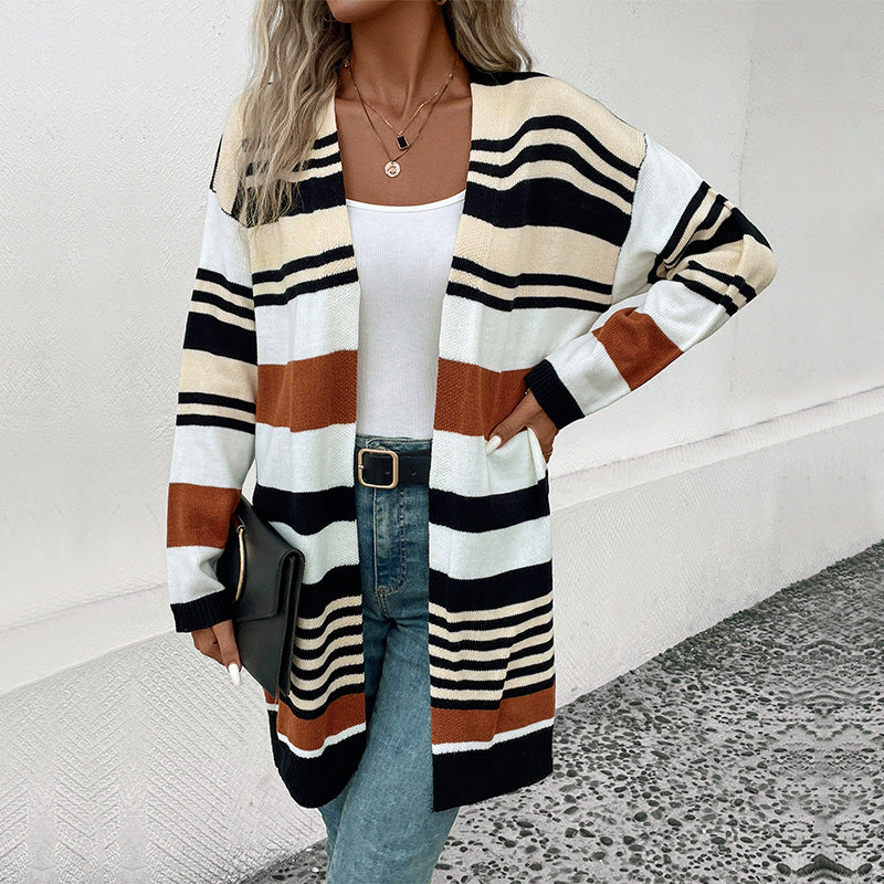 Damen Strickcardigan Lässig Weite Ärmel Streifen Beige