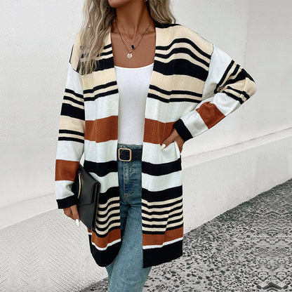 Damen Strickcardigan Lässig Weite Ärmel Streifen Beige