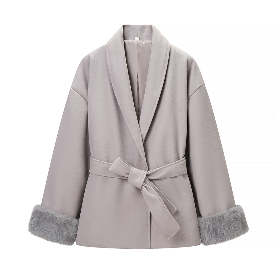 Damen Modische Jacke Weichgefütterter Kragen Bindegürtel Norvielle