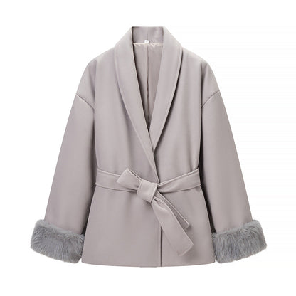 Damen Modische Jacke Weichgefütterter Kragen Bindegürtel Norvielle