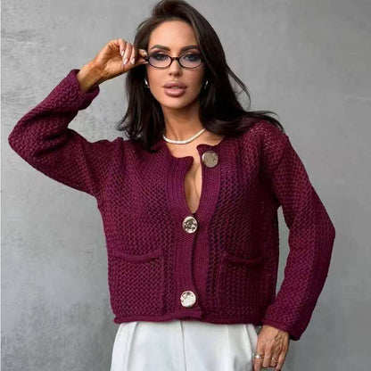 Damen Strickjacke Netzstruktur Große Knöpfe Norvielle