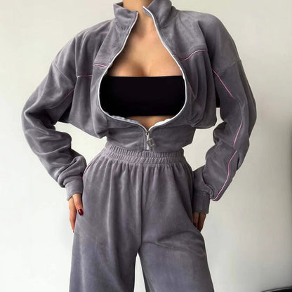 Damen Fleece-Loungewear-Set Kurzes Oberteil Hoher Kragen Norvielle