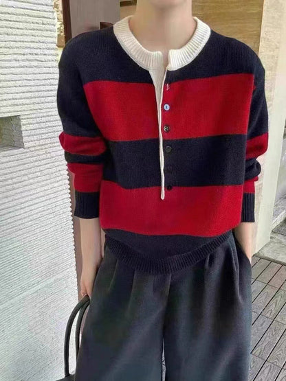 Damen Strickpullover Kurzärmelig Knopfleiste Kontraststreifen