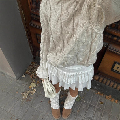 Damen Pullover Grobgestrickt Zopfdesign Beige