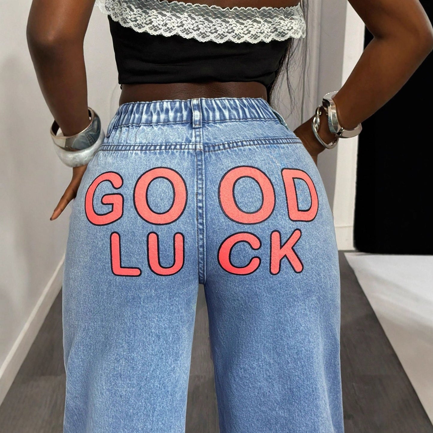 Damen High-Waist Wide-Leg Jeans Statement-Print