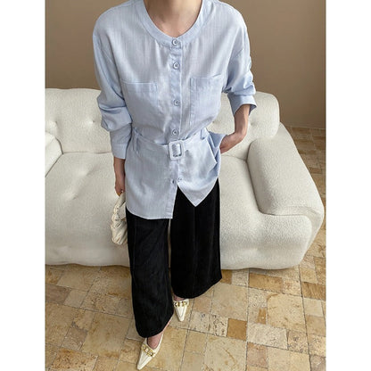 Damen Bluse mit Gürtel und Taschen Norvielle