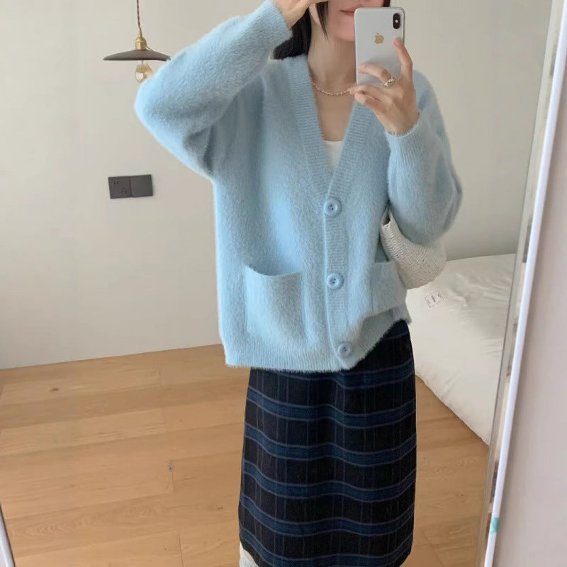 Damen Flauschiger Cardigan mit Knöpfen und Taschen Norvielle