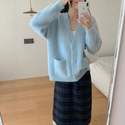 Damen Flauschiger Cardigan mit Knöpfen und Taschen Norvielle