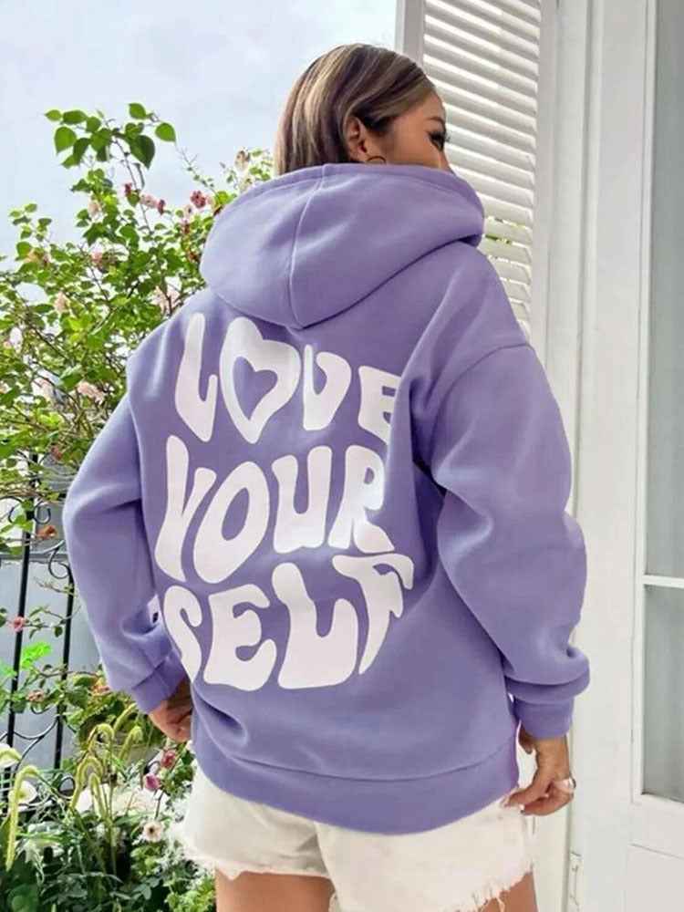 Damen Hoodie Kordelzug Kängurutasche Rückenprint Grau
