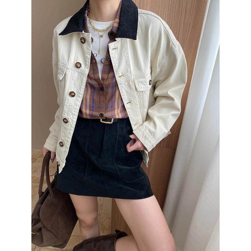 Damen Jeansjacke Mit Kontrastkragen Und Taschen - Norvielle