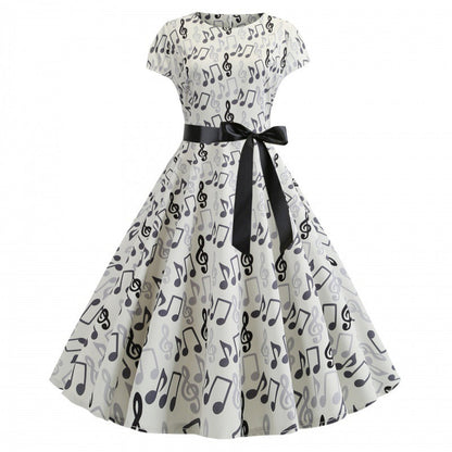 Damen Rockabilly Kleid Musikmotiv Tailliert Schwarz - Norvielle