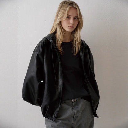 Damen Kunstlederjacke mit Kapuze