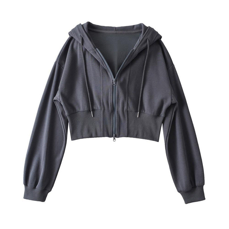 Damen Cropped Kapuzenjacke Reißverschluss Elastisch