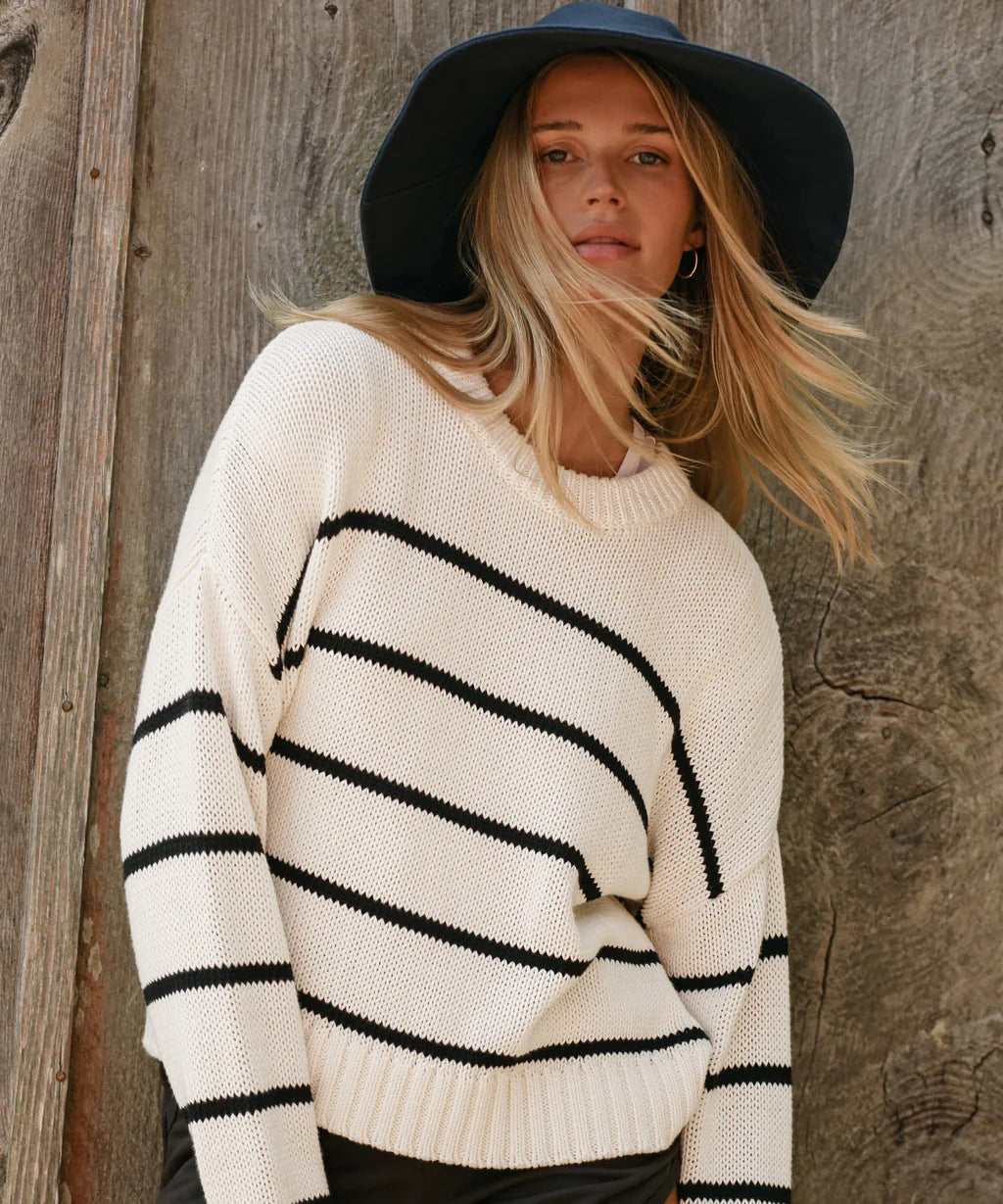Damen Strickpullover Breitstreifen Rundhals weiß