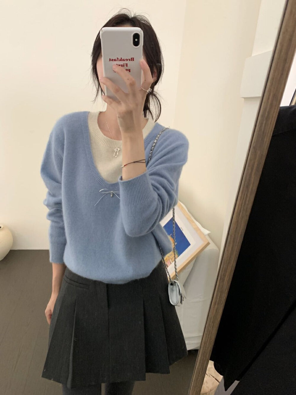 Damen Pullover V-Ausschnitt Schleifenapplikation Norvielle