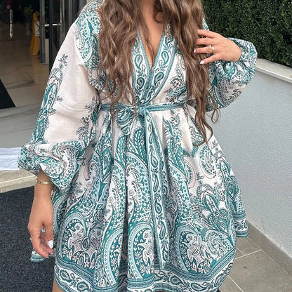 Damen Wickelkleid Smaragdgrün Paisley-Muster Langärmlig mit