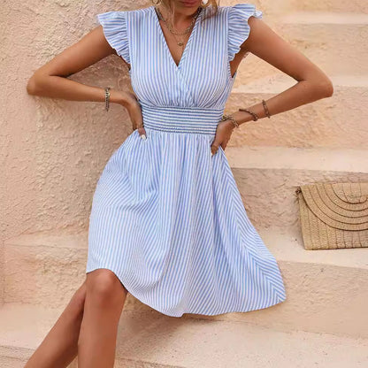 Damen Faltenkleid Streifen Taillenbund Sommer Norvielle - Norvielle