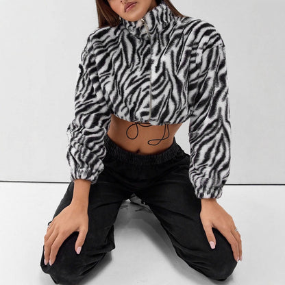 Damen Fleece-Jacke Zebra-Design Elastisch