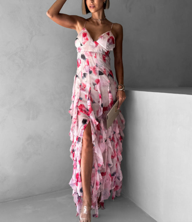 Damen Maxikleid Chiffon Rüschendetails Floralmuster Norvielle