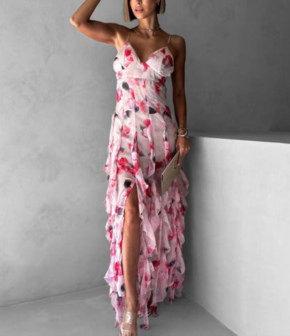 Damen Maxikleid Chiffon Rüschendetails Floralmuster Norvielle