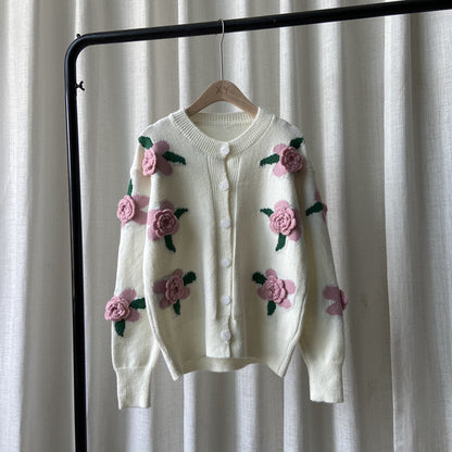 Damen Strickjacke Blumenmuster Knopfverschluss Norvielle