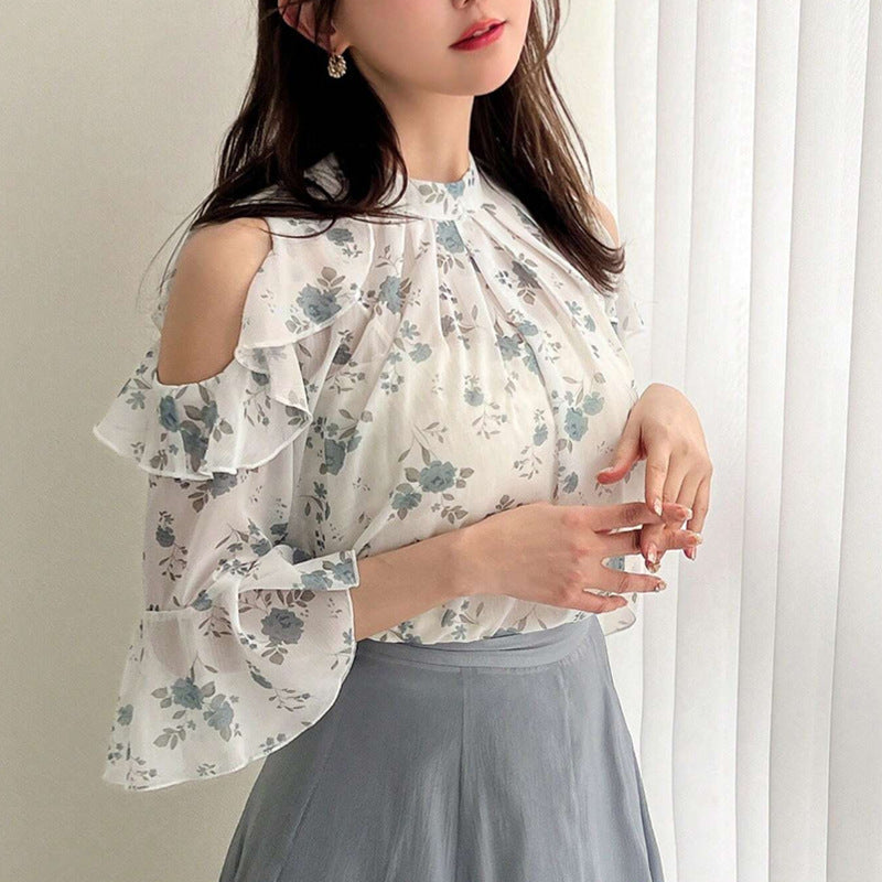 Damen Bluse Floraler Druck Transparenter Volant - Norvielle