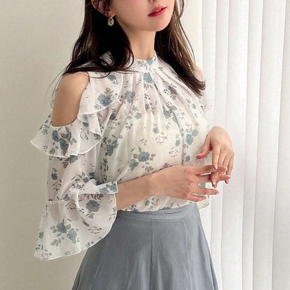 Damen Bluse Floraler Druck Transparenter Volant - Norvielle