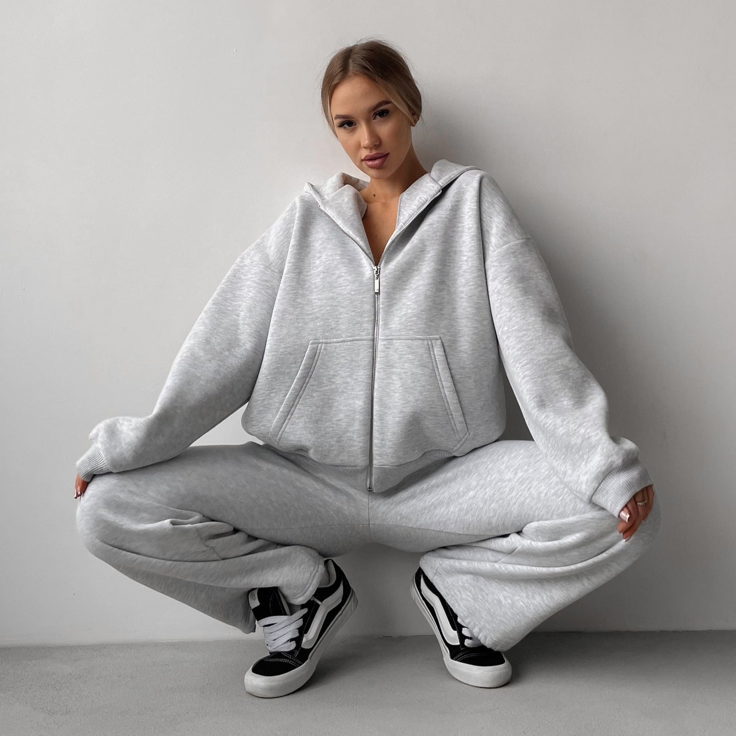 Damen Fleece-Jogginganzug mit Reißverschluss Weite Hose Schwarz - Norvielle