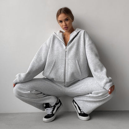 Damen Fleece-Jogginganzug mit Reißverschluss Weite Hose Schwarz - Norvielle