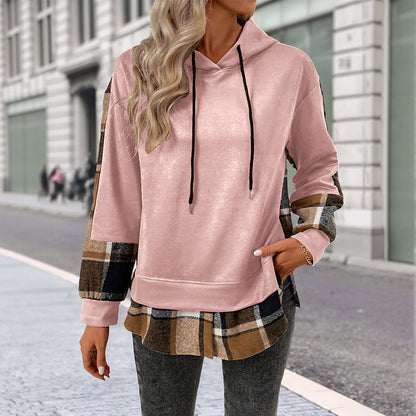 Damen Kapuzenpullover Kariertes Patchwork-Design Norvielle