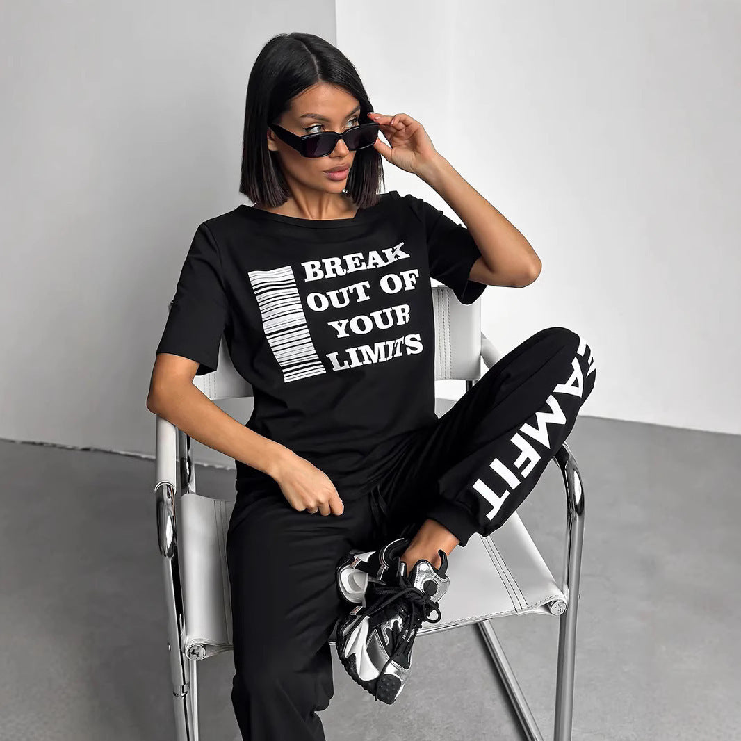 Damen Lounge-Anzug Sportlich Cut-Out-Ärmel Statement-Druck