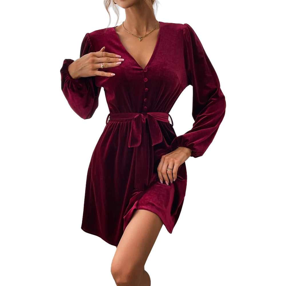 Damen Samtkleid V-Ausschnitt Taillengürtel Norvielle