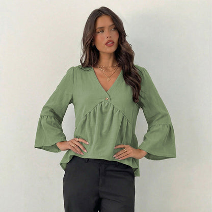 Damen Bluse Weite Ärmel Knopf Detail Norvielle