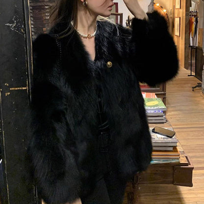 Damen Kunstpelzjacke Elegant Knopfdetails