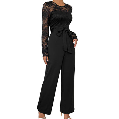 Damen Jumpsuit Spitzenoberteil Taillengürtel Norvielle