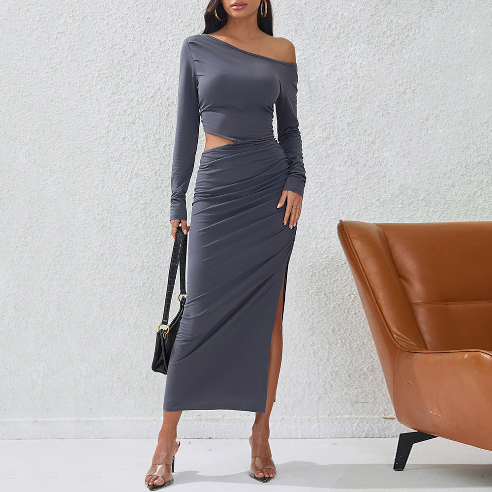 Damen Maxikleid mit Rüschendetails Elegante Drapierung Schwarz - Norvielle