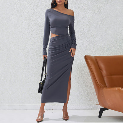 Damen Maxikleid mit Rüschendetails Elegante Drapierung Schwarz - Norvielle