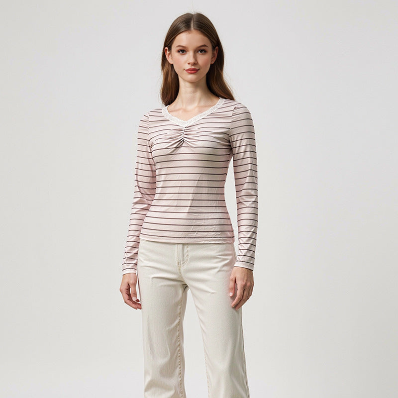 Damen Langarmshirt Gestreift Rüschen Details Weiß