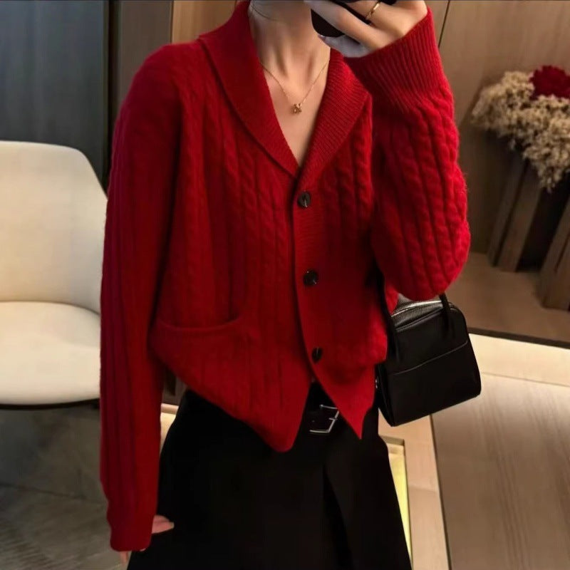 Damen Strickjacke Zopfmuster Aufgesetzte Taschen Norvielle