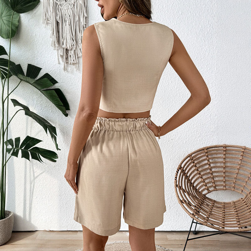 Damen Ärmelloses Zweiteiler-Set mit Knöpfen Eleganter Schnitt